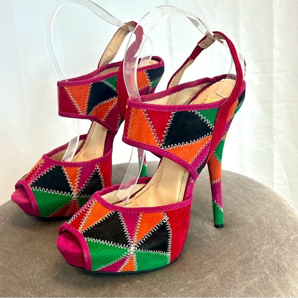 Sheikh Retro Multicolored stitched patchwork peep open toe Platform high Heels